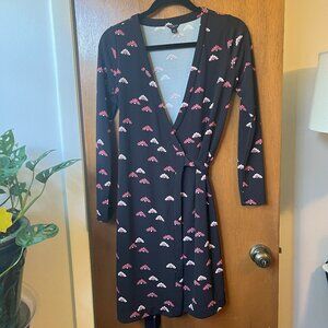 Ann Taylor LOFT Black Wrap Dress with Pink Fan Print – Size 2P